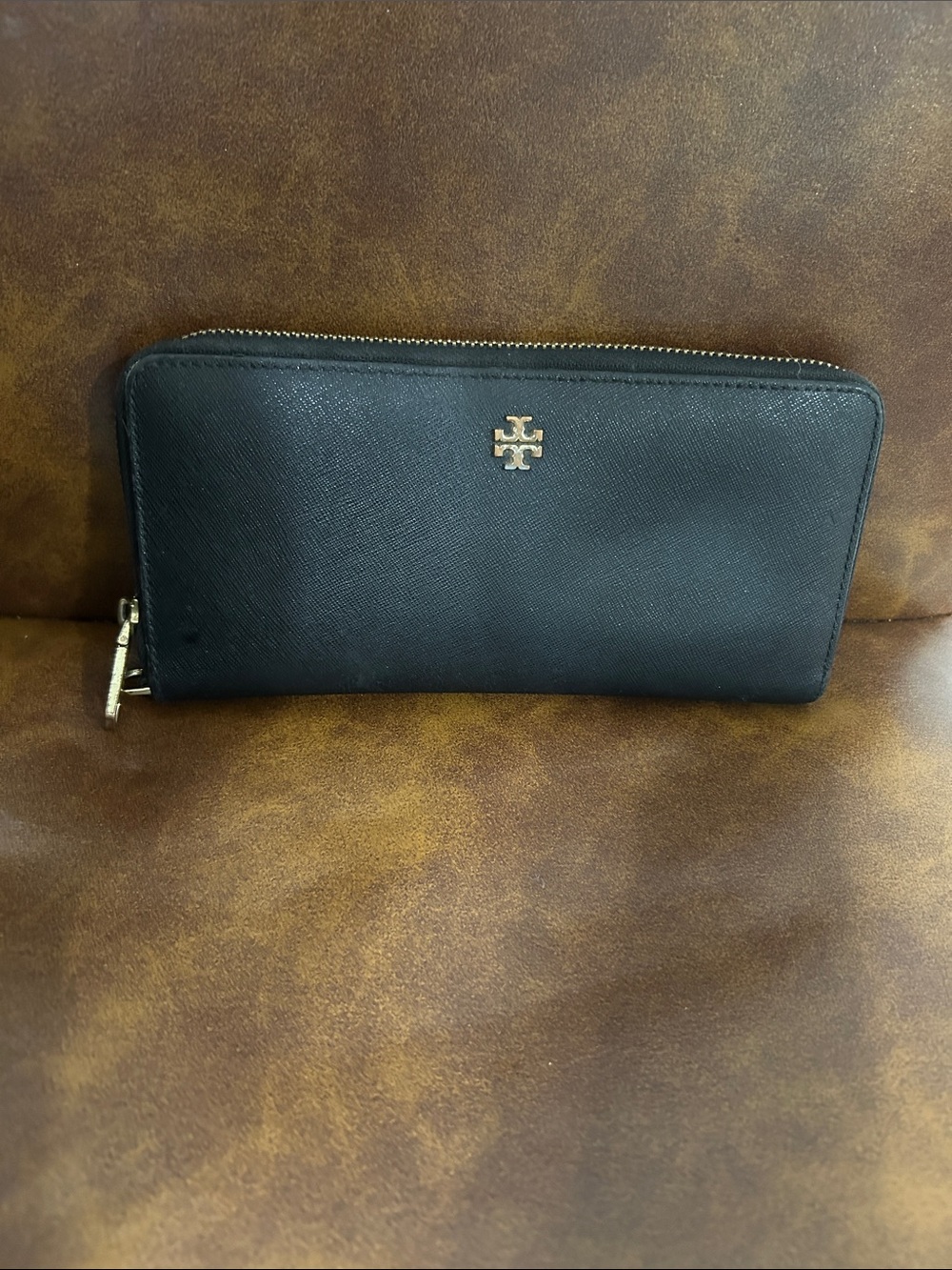 Tory Burch Black Zip-Around Continental Wallet with Gold Logo